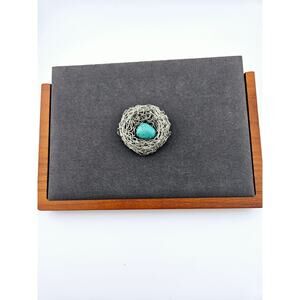 Silver Tone Wire Birds Nest Pendant Turquoise Egg Center Artsy Nature Fairycore